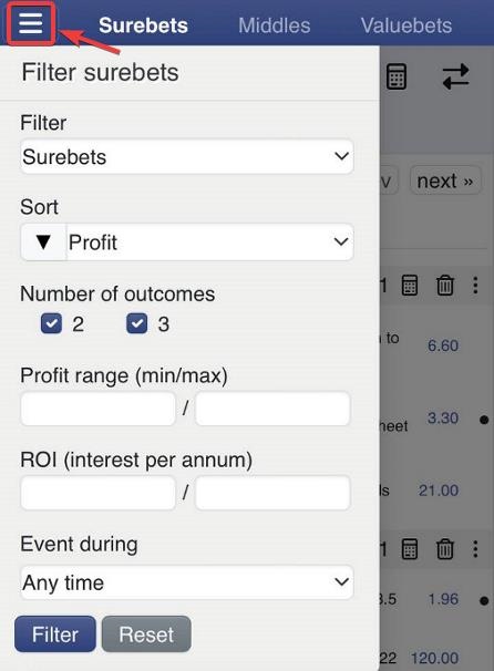 Filtre mobile de surebets