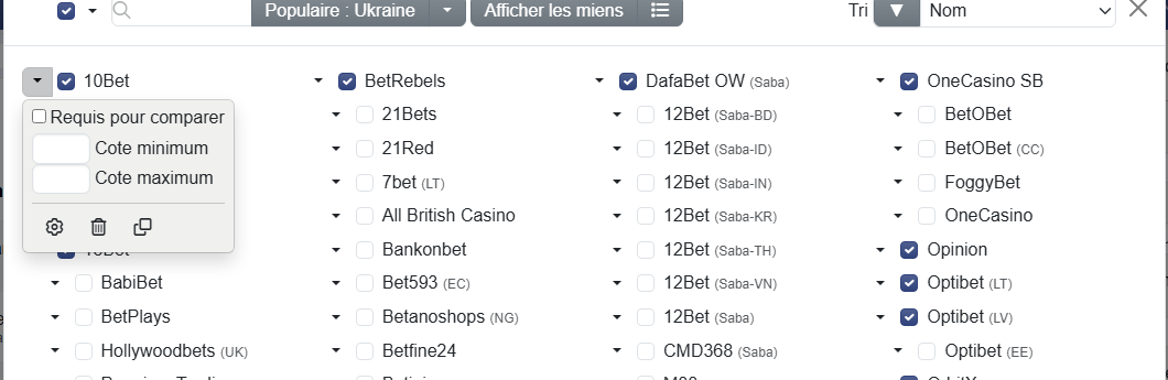 Bookmakers requis pour la comparaison