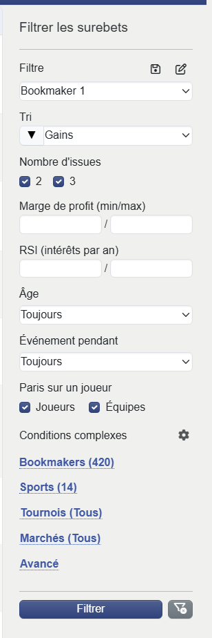 Filtre de surebets