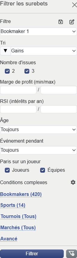 Filtre mobile de surebets
