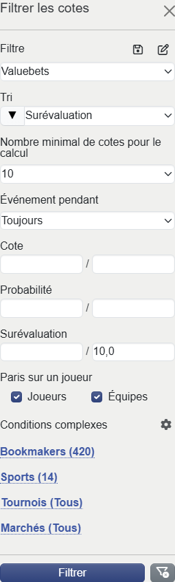 Valuebets filter in mobile version